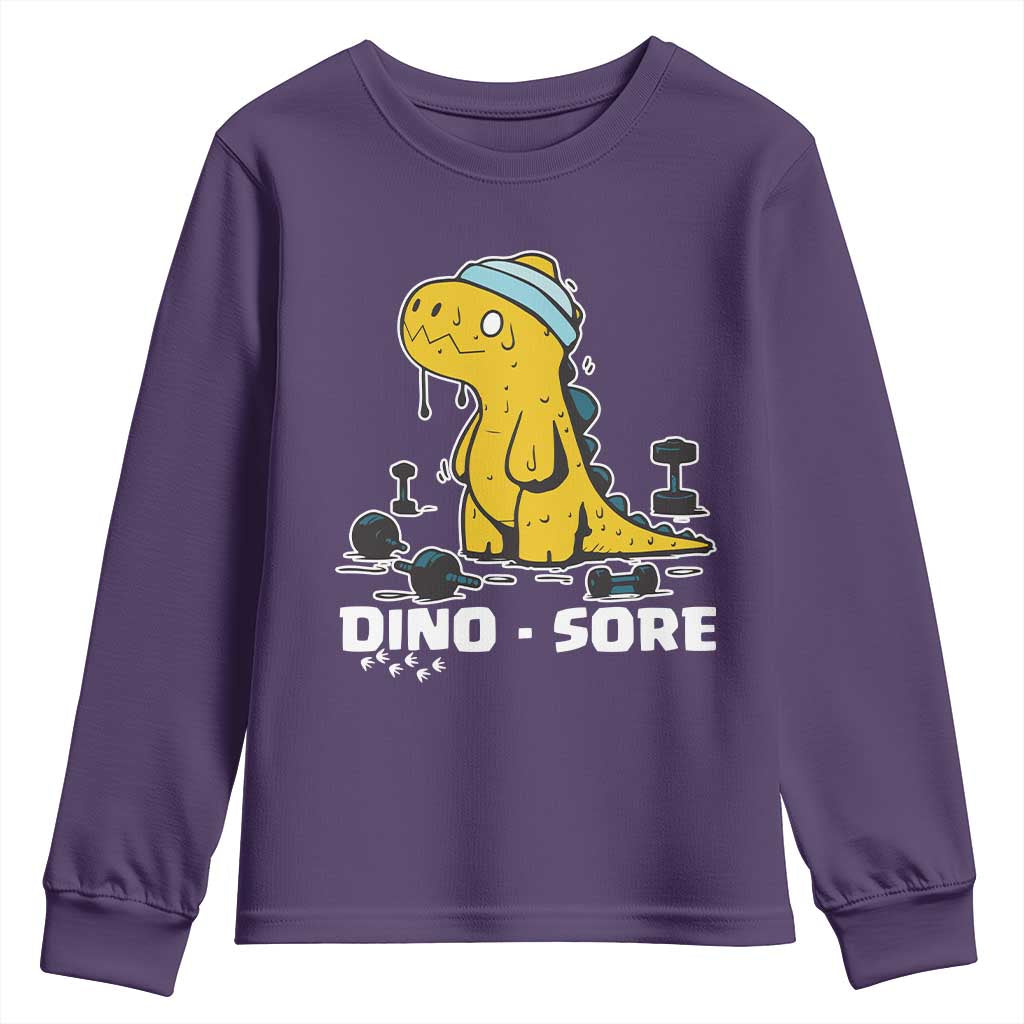 Dino Sore Youth Sweatshirt Funny Dinosaur Workout Gift TS12 Purple Print Your Wear
