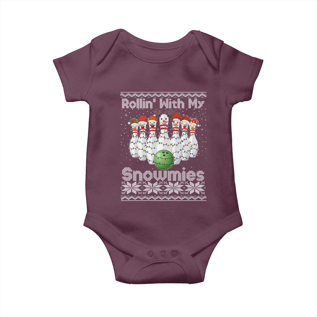 Rollin With My Snowmies Baby Onesie Funny Christmas Bowling Ugly Sweater Gift TS12 Maroon Print Your Wear