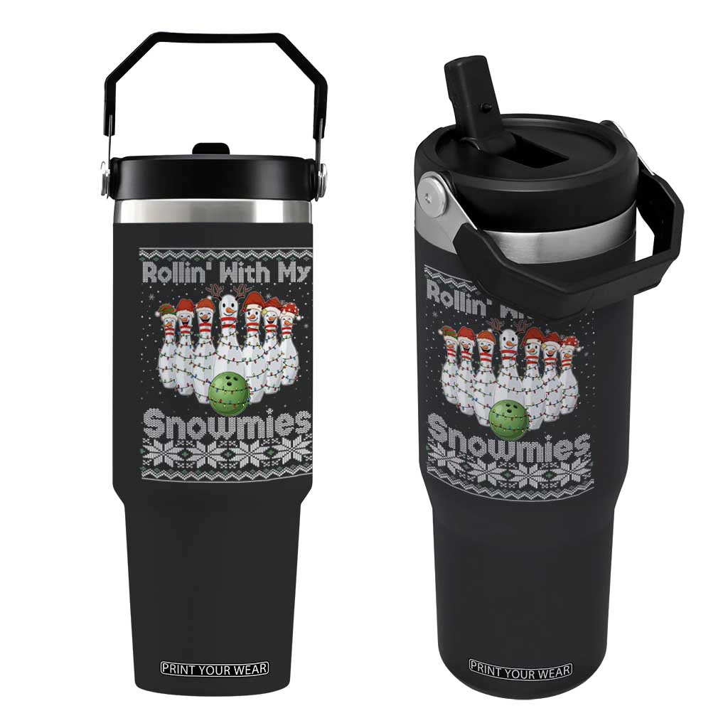 Rollin With My Snowmies Flip Straw Tumbler Funny Christmas Bowling Ugly Sweater Gift TS12 One Size: 30 oz Black Print Your Wear