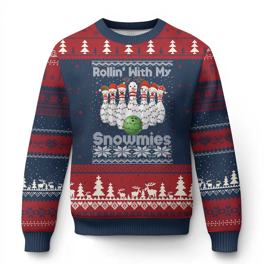 Rollin With My Snowmies Ugly Christmas Sweater Funny Xmas Bowling Ugly Sweater Gift TS12 Navy Red Print Your Wear
