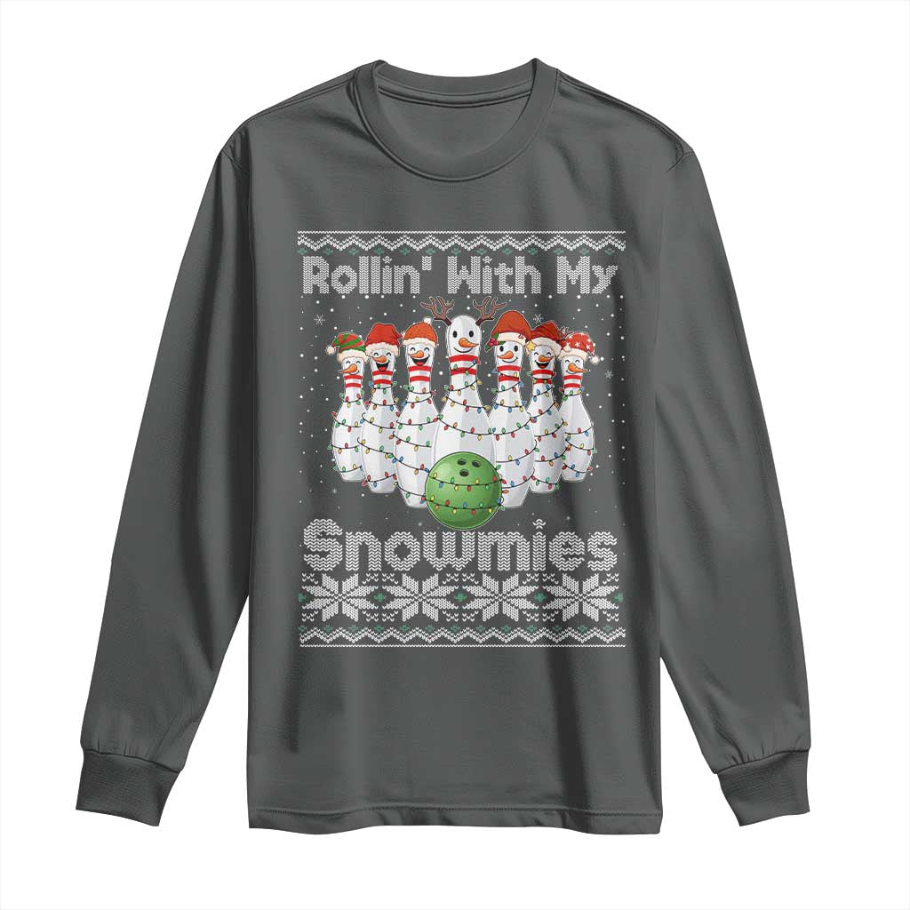 Rollin With My Snowmies Long Sleeve Shirt Funny Christmas Bowling Ugly Sweater Gift TS12 Dark Heather Print Your Wear