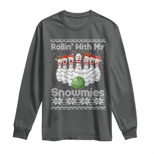 Rollin With My Snowmies Long Sleeve Shirt Funny Christmas Bowling Ugly Sweater Gift TS12 Dark Heather Print Your Wear