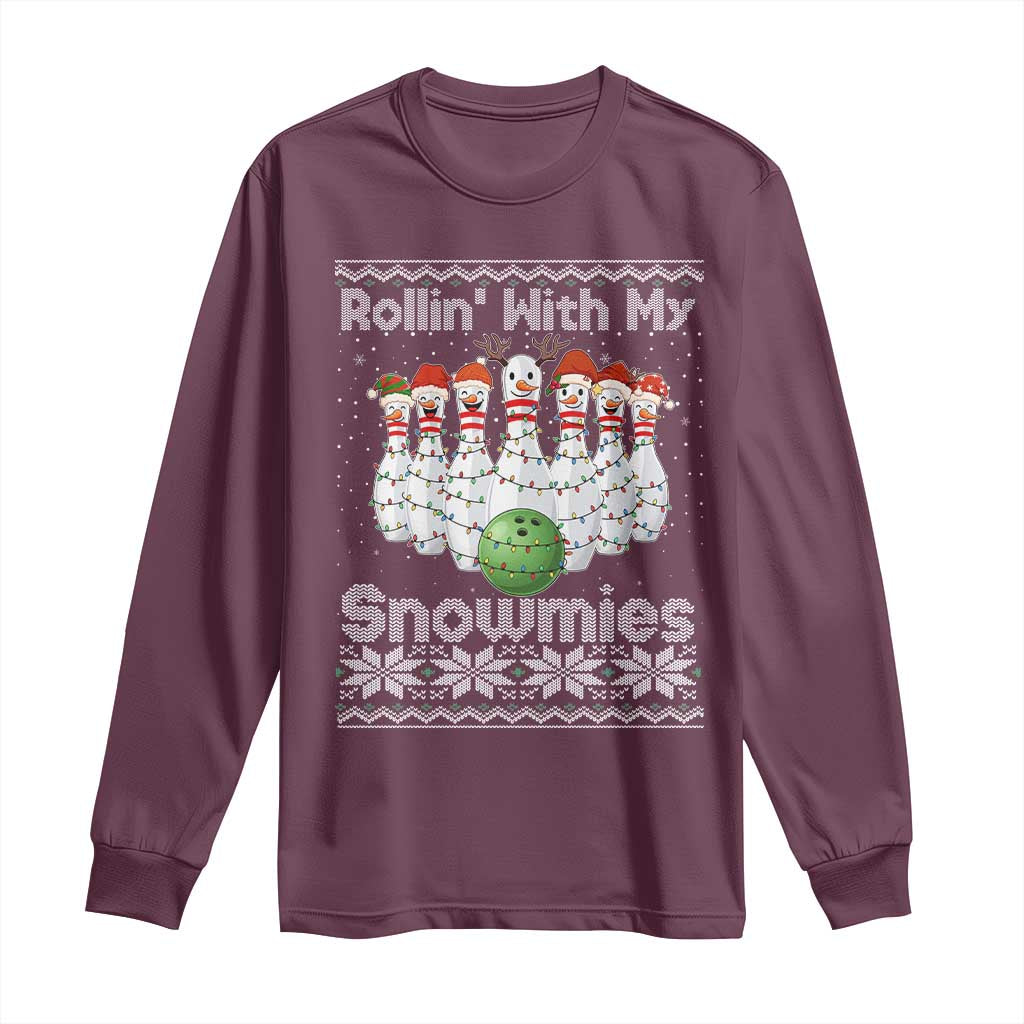 Rollin With My Snowmies Long Sleeve Shirt Funny Christmas Bowling Ugly Sweater Gift TS12 Maroon Print Your Wear