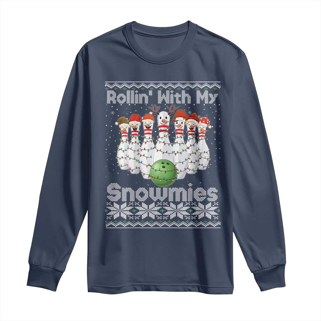 Rollin With My Snowmies Long Sleeve Shirt Funny Christmas Bowling Ugly Sweater Gift TS12 Navy Print Your Wear