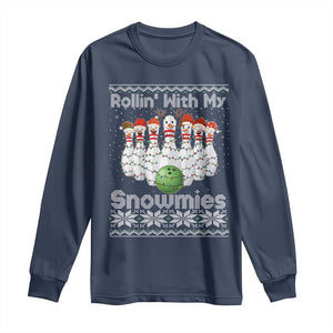 Rollin With My Snowmies Long Sleeve Shirt Funny Christmas Bowling Ugly Sweater Gift TS12 Navy Print Your Wear