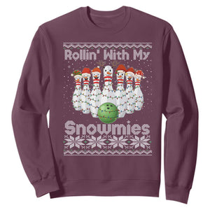 Rollin With My Snowmies Sweatshirt Funny Christmas Bowling Ugly Sweater Gift TS12 Maroon Print Your Wear