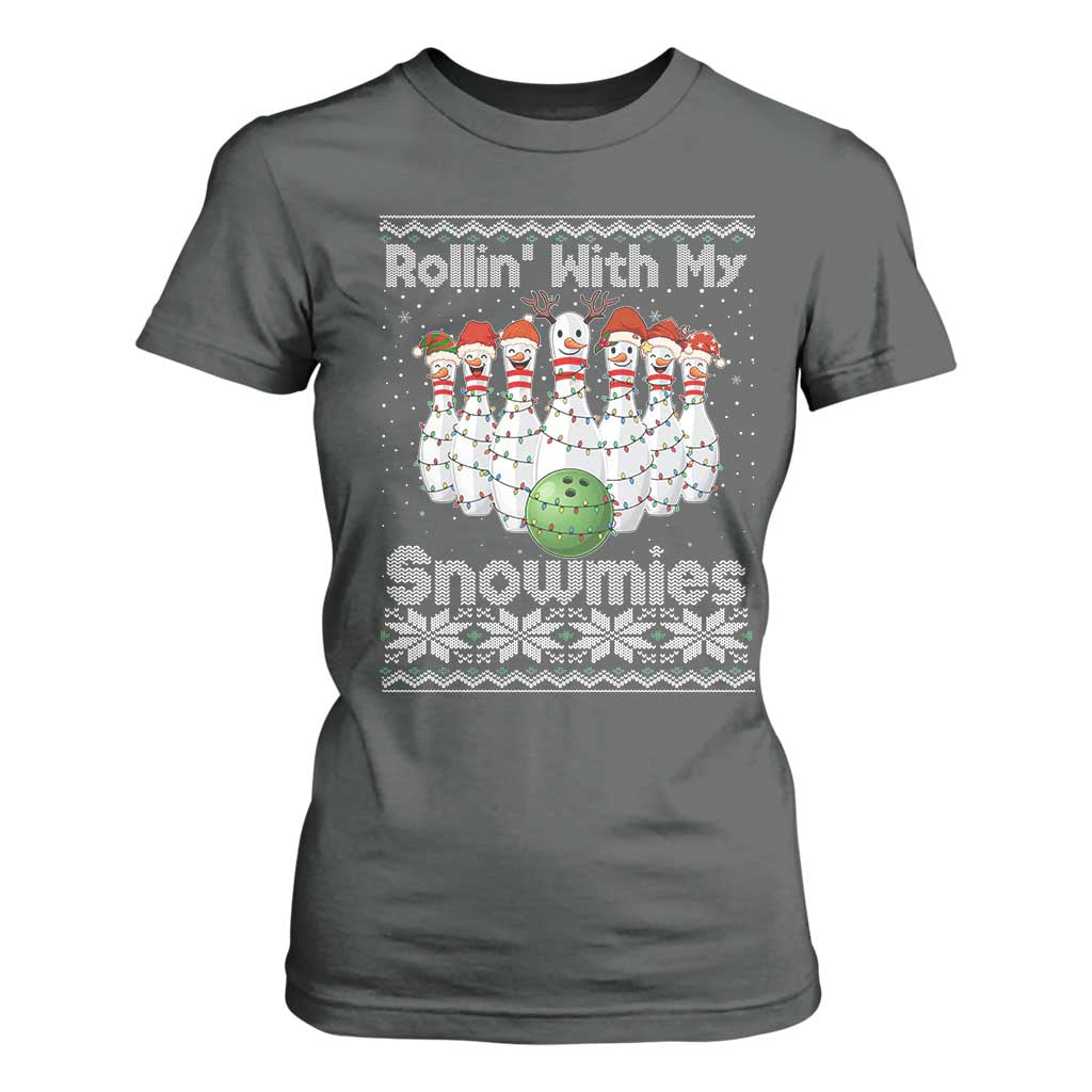 Rollin With My Snowmies T Shirt For Women Funny Christmas Bowling Ugly Sweater Gift TS12 Dark Heather Print Your Wear