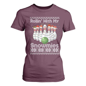 Rollin With My Snowmies T Shirt For Women Funny Christmas Bowling Ugly Sweater Gift TS12 Maroon Print Your Wear