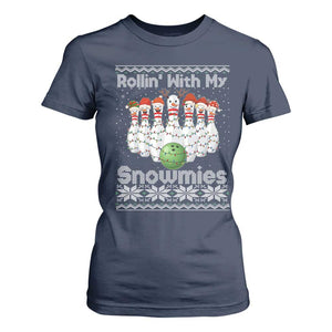Rollin With My Snowmies T Shirt For Women Funny Christmas Bowling Ugly Sweater Gift TS12 Navy Print Your Wear