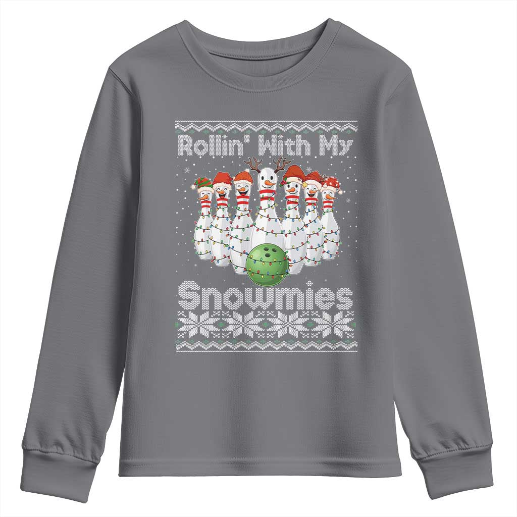 Rollin With My Snowmies Youth Sweatshirt Funny Christmas Bowling Ugly Sweater Gift TS12 Charcoal Print Your Wear