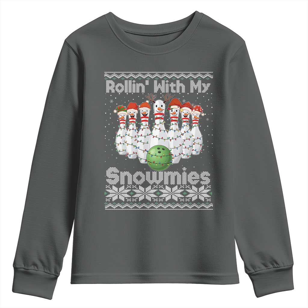 Rollin With My Snowmies Youth Sweatshirt Funny Christmas Bowling Ugly Sweater Gift TS12 Dark Heather Print Your Wear