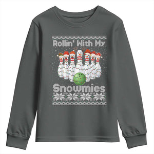 Rollin With My Snowmies Youth Sweatshirt Funny Christmas Bowling Ugly Sweater Gift TS12 Dark Heather Print Your Wear