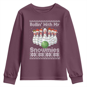 Rollin With My Snowmies Youth Sweatshirt Funny Christmas Bowling Ugly Sweater Gift TS12 Maroon Print Your Wear