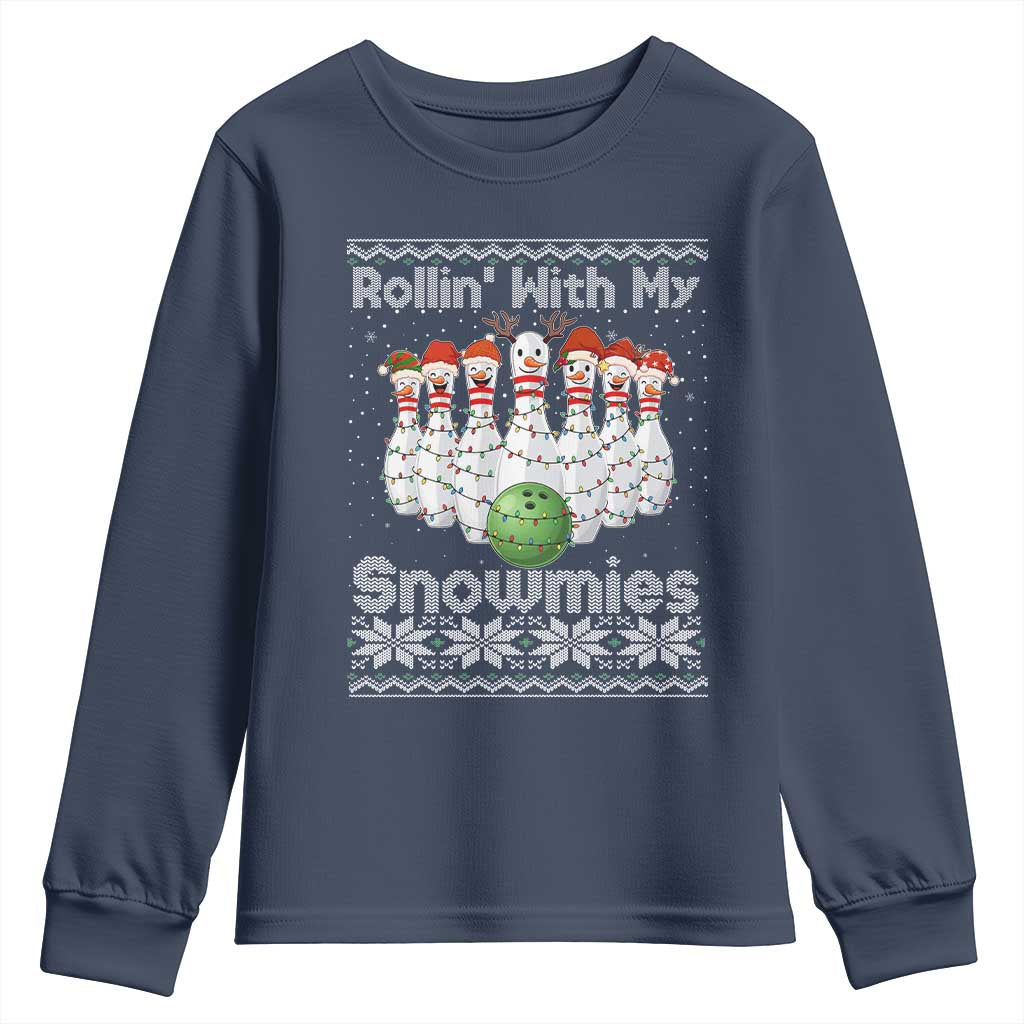 Rollin With My Snowmies Youth Sweatshirt Funny Christmas Bowling Ugly Sweater Gift TS12 Navy Print Your Wear