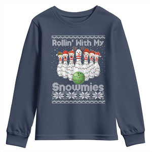 Rollin With My Snowmies Youth Sweatshirt Funny Christmas Bowling Ugly Sweater Gift TS12 Navy Print Your Wear