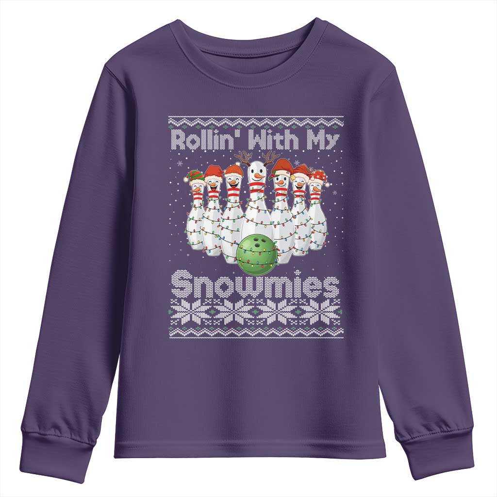 Rollin With My Snowmies Youth Sweatshirt Funny Christmas Bowling Ugly Sweater Gift TS12 Purple Print Your Wear