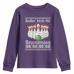 Rollin With My Snowmies Youth Sweatshirt Funny Christmas Bowling Ugly Sweater Gift TS12 Purple Print Your Wear