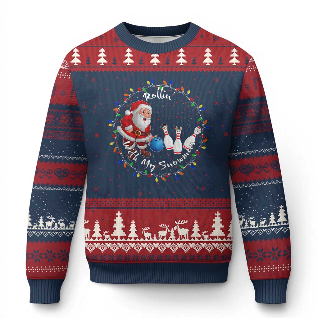 Rollin With My Snowmies Ugly Christmas Sweater Bowling Xmas Gift TS12 Navy Red Print Your Wear
