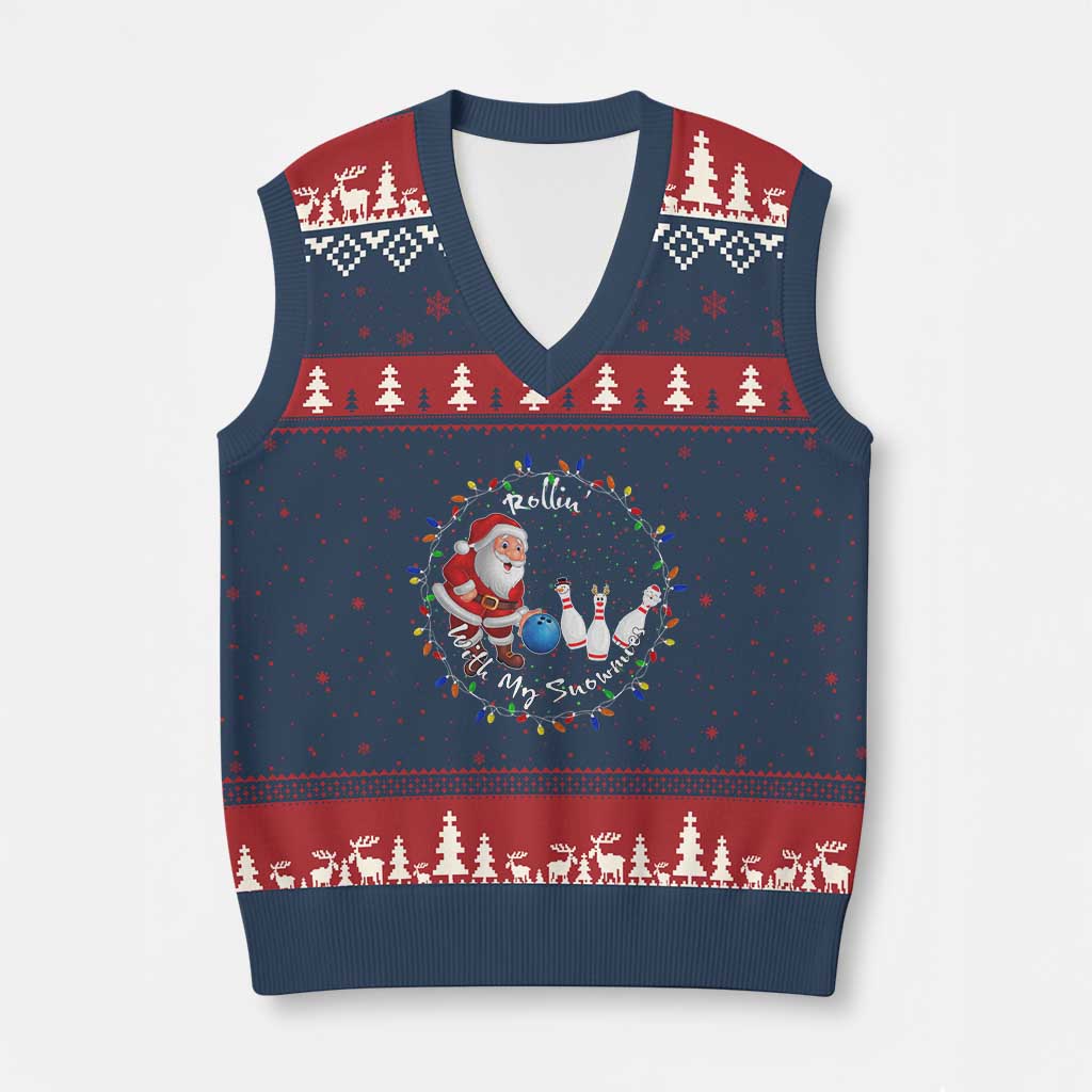Rollin With My Snowmies V-Neck Knit Sweater Vest Bowling Xmas Gift TS12 Navy Red Print Your Wear