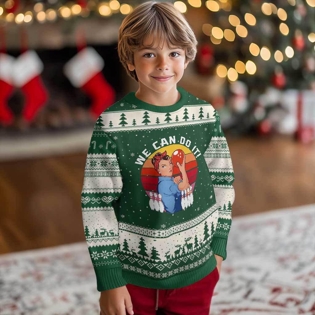 Feminist Bowling Ugly Christmas Sweater We Can Do It TS12 Forest Green Beige Print Your Wear