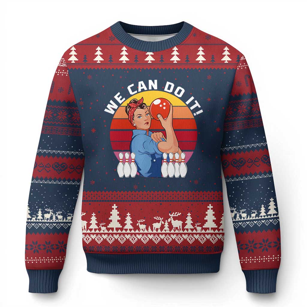 Feminist Bowling Ugly Christmas Sweater We Can Do It TS12 Navy Red Print Your Wear