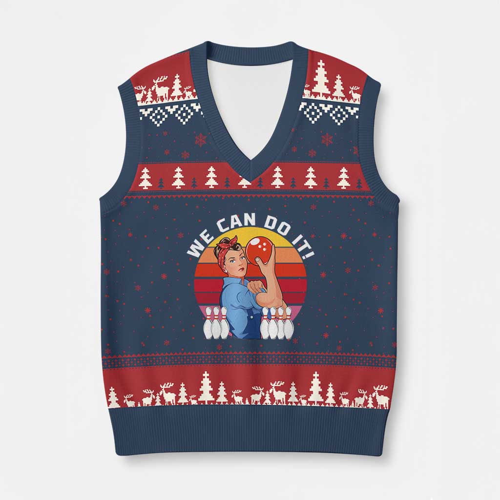 Feminist Bowling V-Neck Knit Sweater Vest We Can Do It TS12 Navy Red Print Your Wear