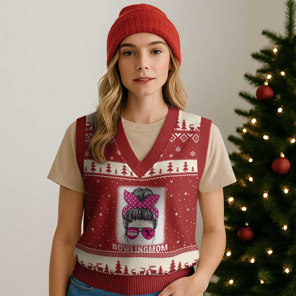 Bowling Mom Life V-Neck Knit Sweater Vest Funny Bowler Gift TS12 Red Beige Print Your Wear