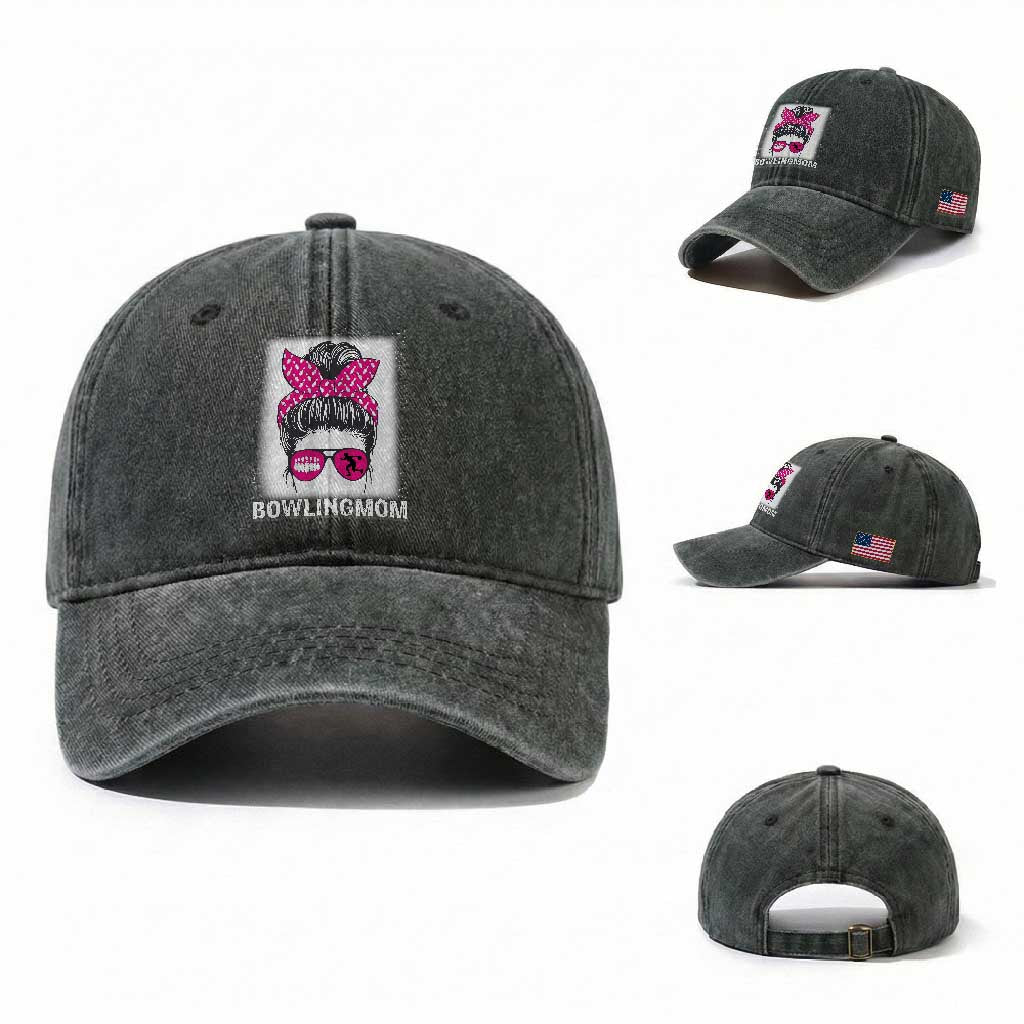 Bowling Mom Life Washed Cotton Baseball Cap Funny Bowler Gift TS12 Washed Cap Universal Fit Dark Green Print Your Wear