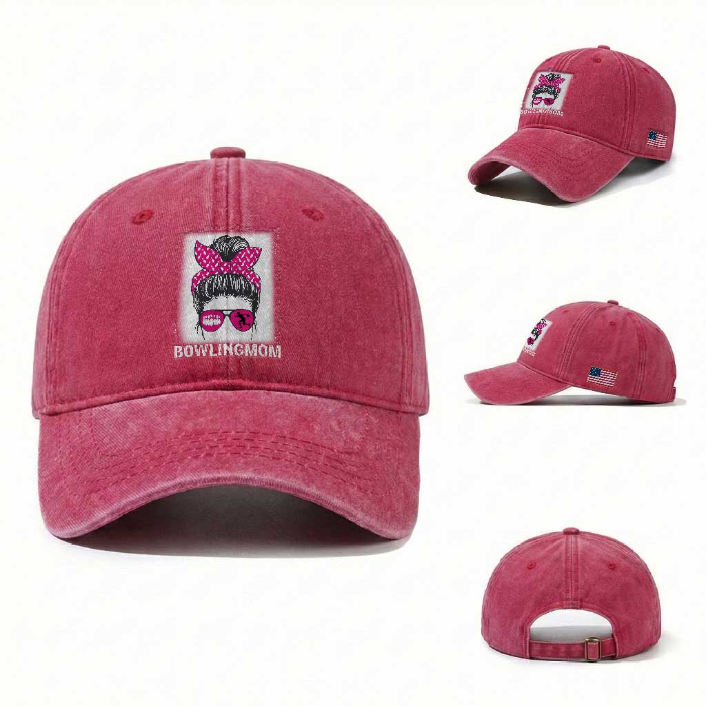 Bowling Mom Life Washed Cotton Baseball Cap Funny Bowler Gift TS12 Washed Cap Universal Fit Red Print Your Wear