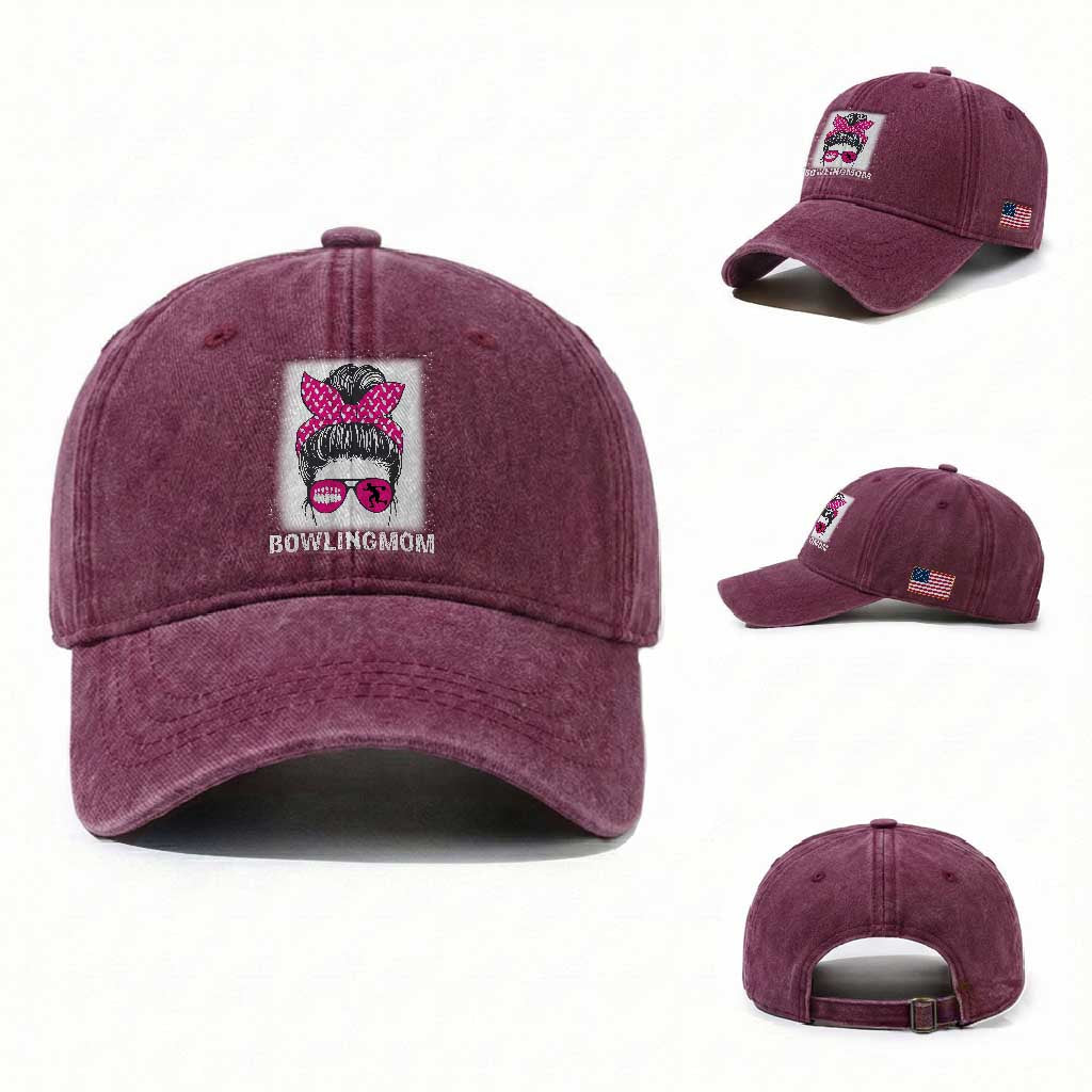Bowling Mom Life Washed Cotton Baseball Cap Funny Bowler Gift TS12 Washed Cap Universal Fit Burgundy Print Your Wear