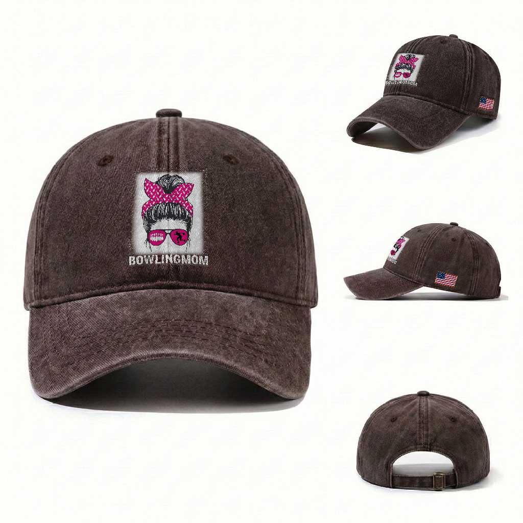 Bowling Mom Life Washed Cotton Baseball Cap Funny Bowler Gift TS12 Washed Cap Universal Fit Dark Brown Print Your Wear