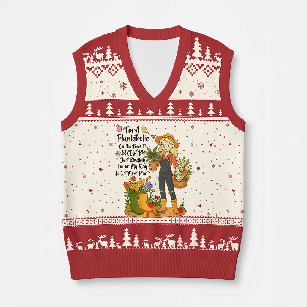 Plantaholic V-Neck Knit Sweater Vest Im On My Way To Get More Plants TS12 Beige Red Print Your Wear