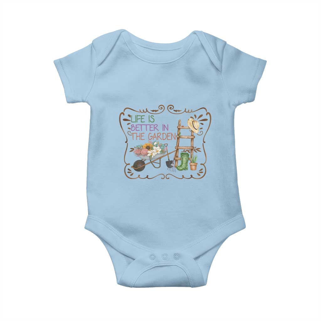 Life Is Better In The Garden Baby Onesie Funny Gardening Quote TS12 Light Blue Print Your Wear