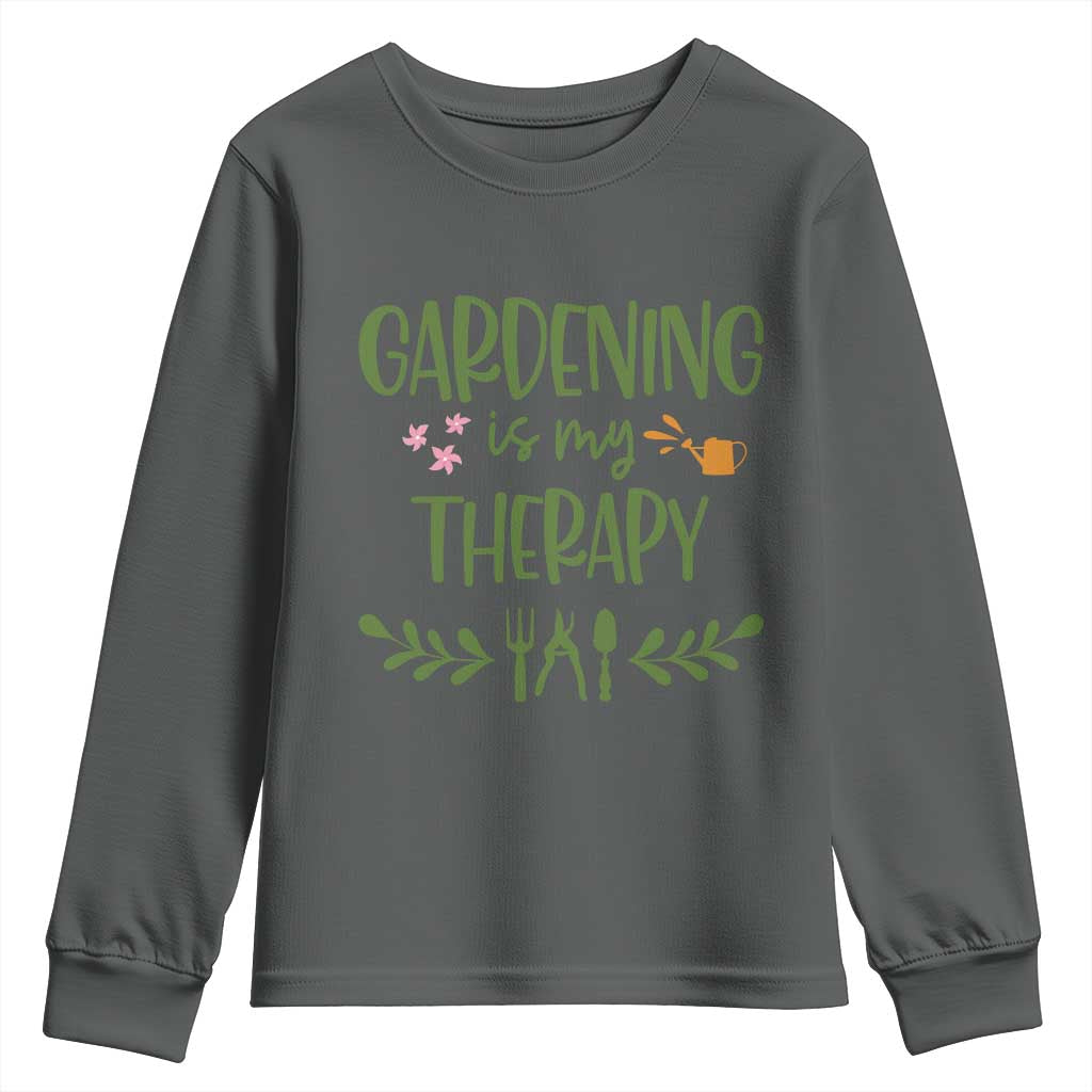 Gardening Is My Therapy Youth Sweatshirt Funny Plant Lover TS12 Dark Heather Print Your Wear
