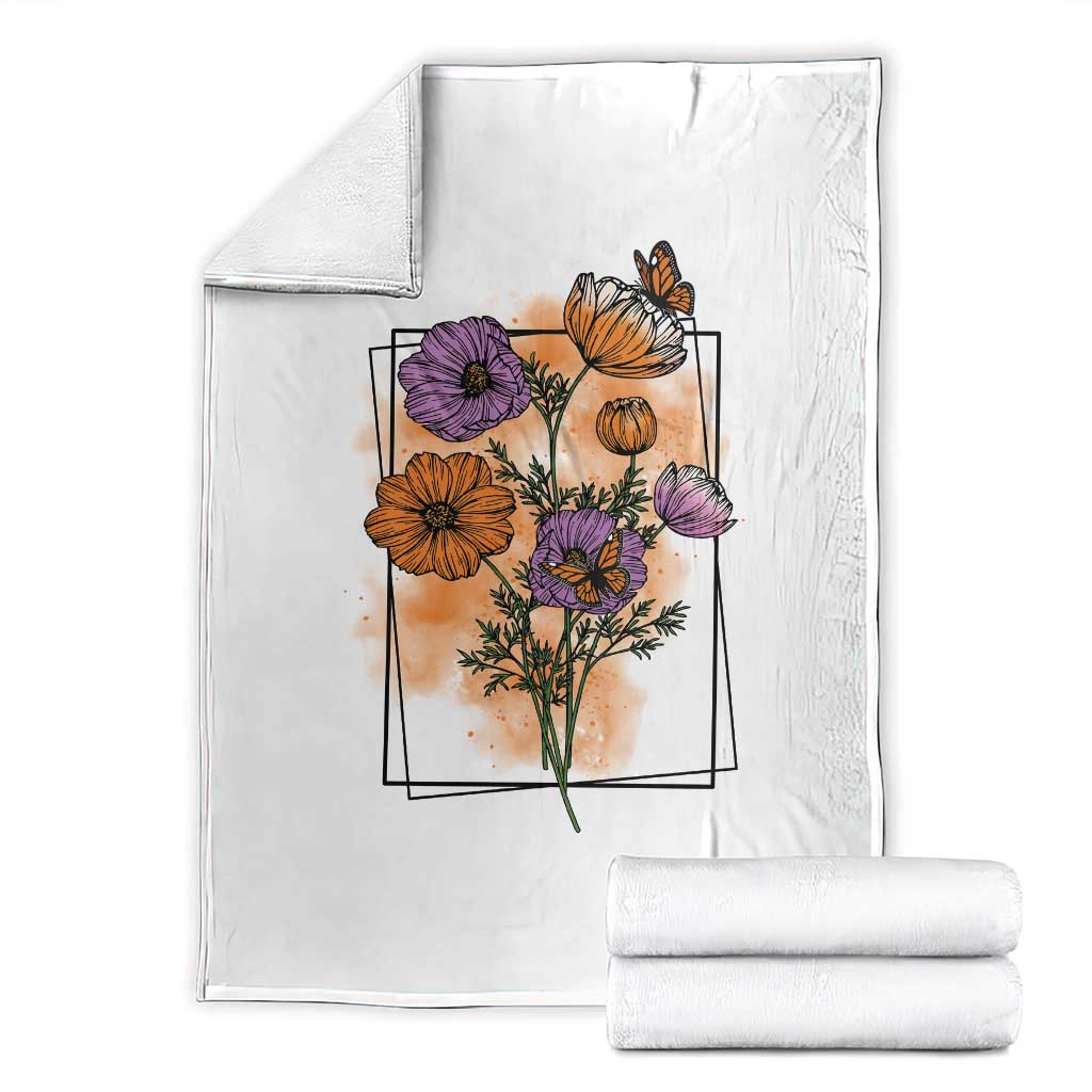 Monarch Butterfly Botanical Wildflowers Throw Blanket Vintage Watercolor Floral Nature Frame Gift TS12 White Print Your Wear