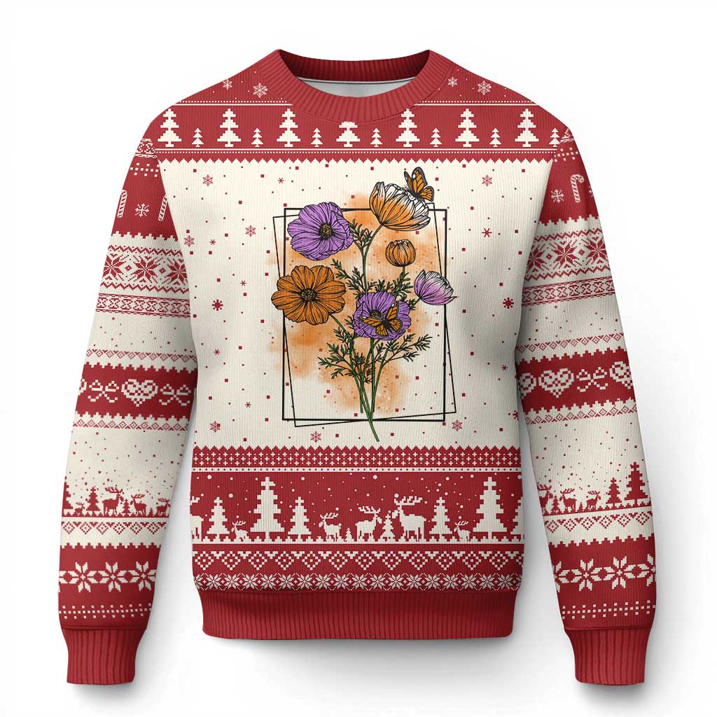 Monarch Butterfly Botanical Wildflowers Ugly Christmas Sweater Vintage Watercolor Floral Nature Frame Gift TS12 Beige Red Print Your Wear