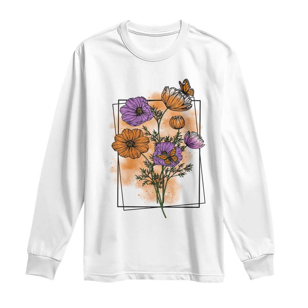 Monarch Butterfly Botanical Wildflowers Long Sleeve Shirt Vintage Watercolor Floral Nature Frame Gift TS12 White Print Your Wear