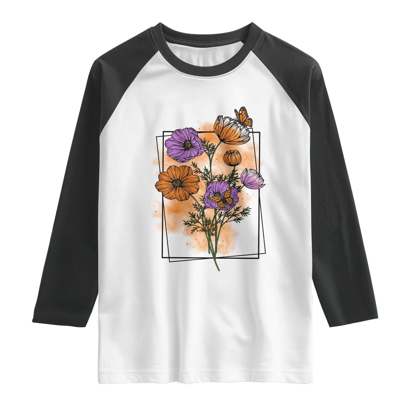 Monarch Butterfly Botanical Wildflowers Raglan Shirt Vintage Watercolor Floral Nature Frame Gift TS12 White Black Print Your Wear
