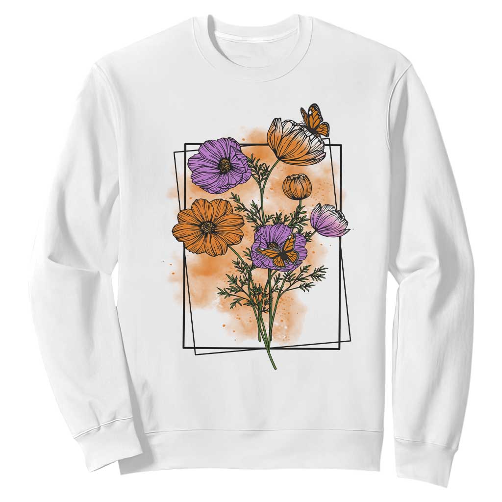 Monarch Butterfly Botanical Wildflowers Sweatshirt Vintage Watercolor Floral Nature Frame Gift TS12 White Print Your Wear