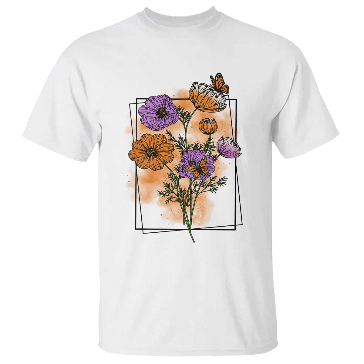 Monarch Butterfly Botanical Wildflowers T Shirt Vintage Watercolor Floral Nature Frame Gift TS12 White Print Your Wear