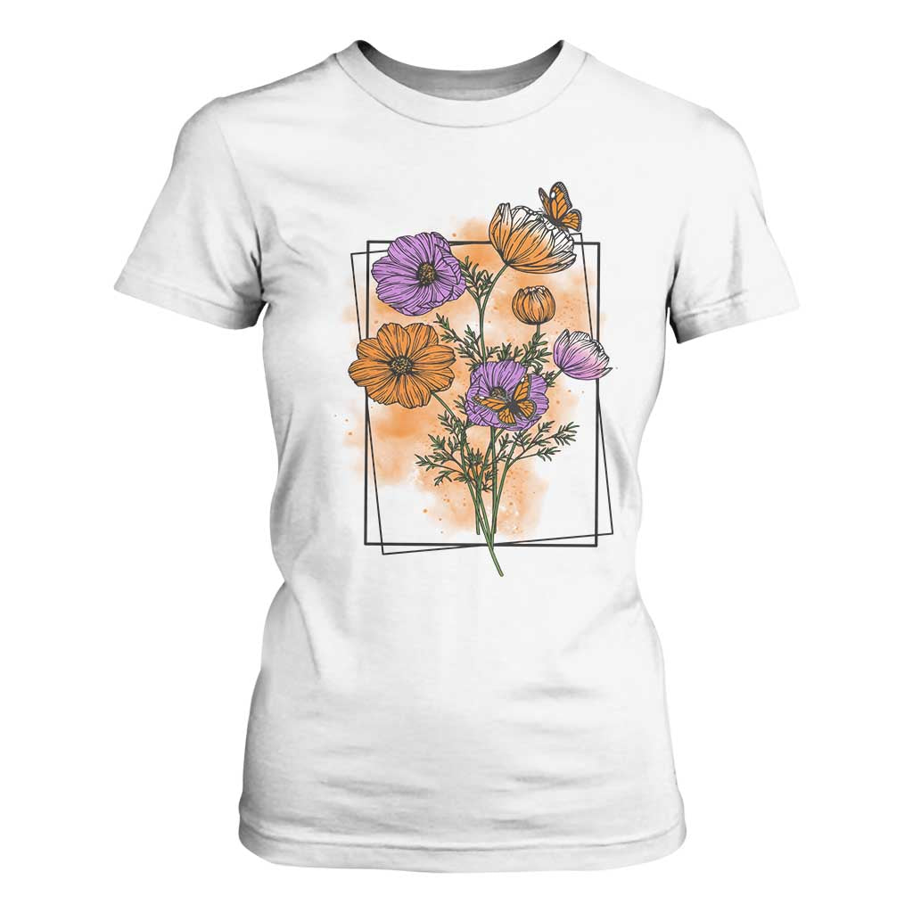 Monarch Butterfly Botanical Wildflowers T Shirt For Women Vintage Watercolor Floral Nature Frame Gift TS12 White Print Your Wear