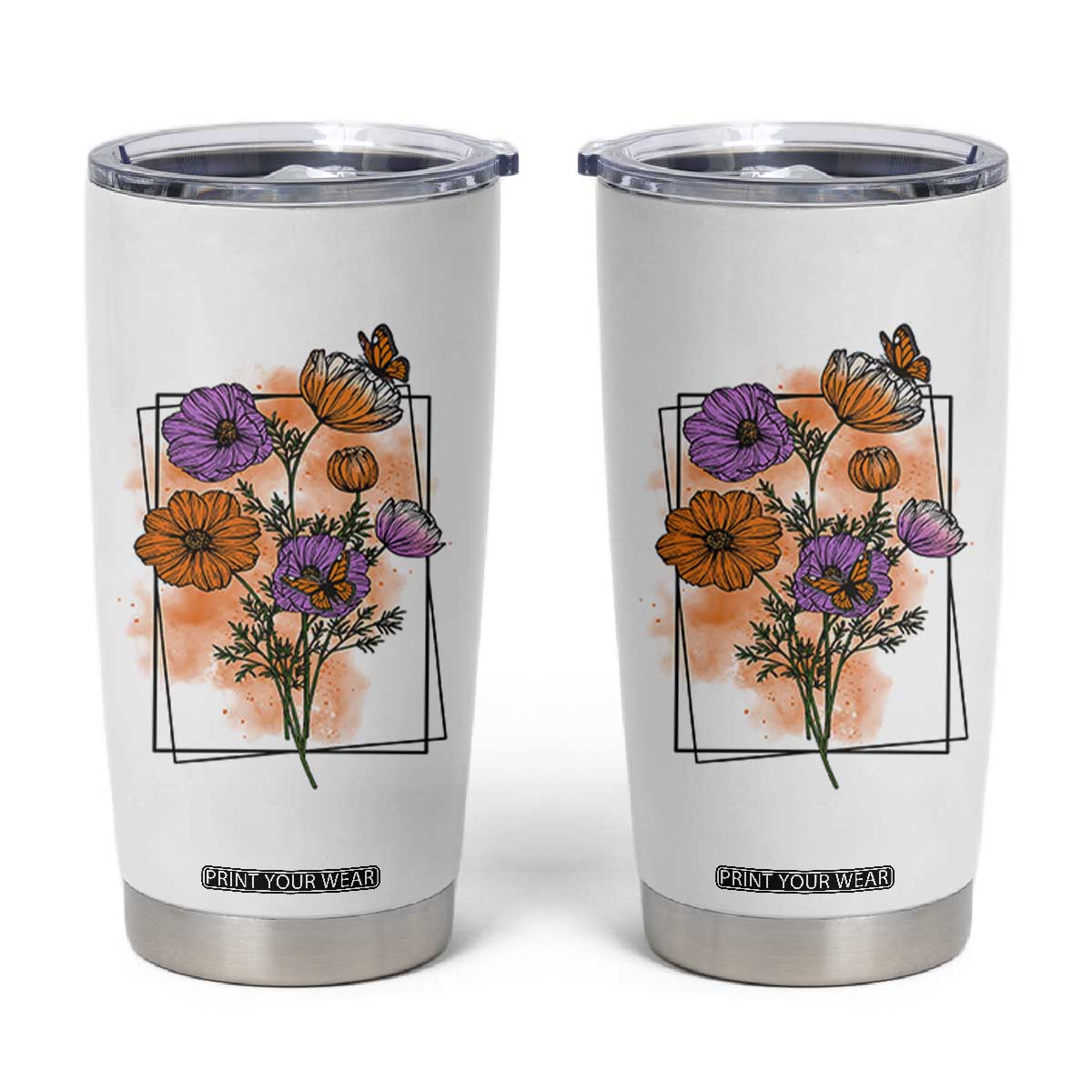 Monarch Butterfly Botanical Wildflowers Tumbler Cup Vintage Watercolor Floral Nature Frame Gift TS12 White Print Your Wear
