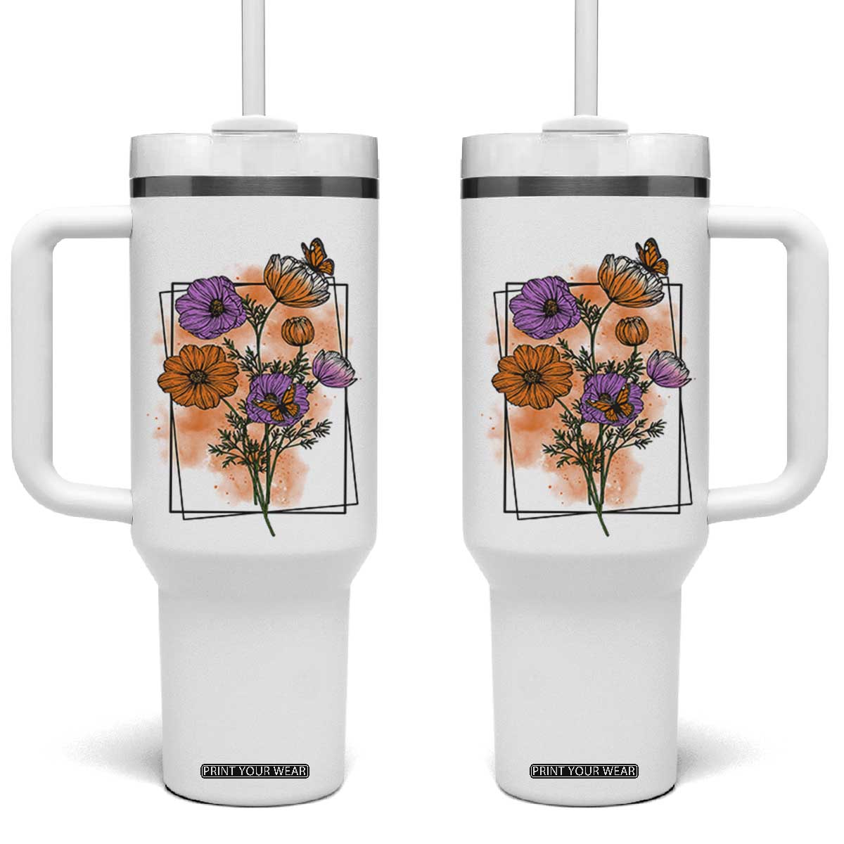Monarch Butterfly Botanical Wildflowers Tumbler With Handle Vintage Watercolor Floral Nature Frame Gift TS12 One Size: 40 oz White Print Your Wear