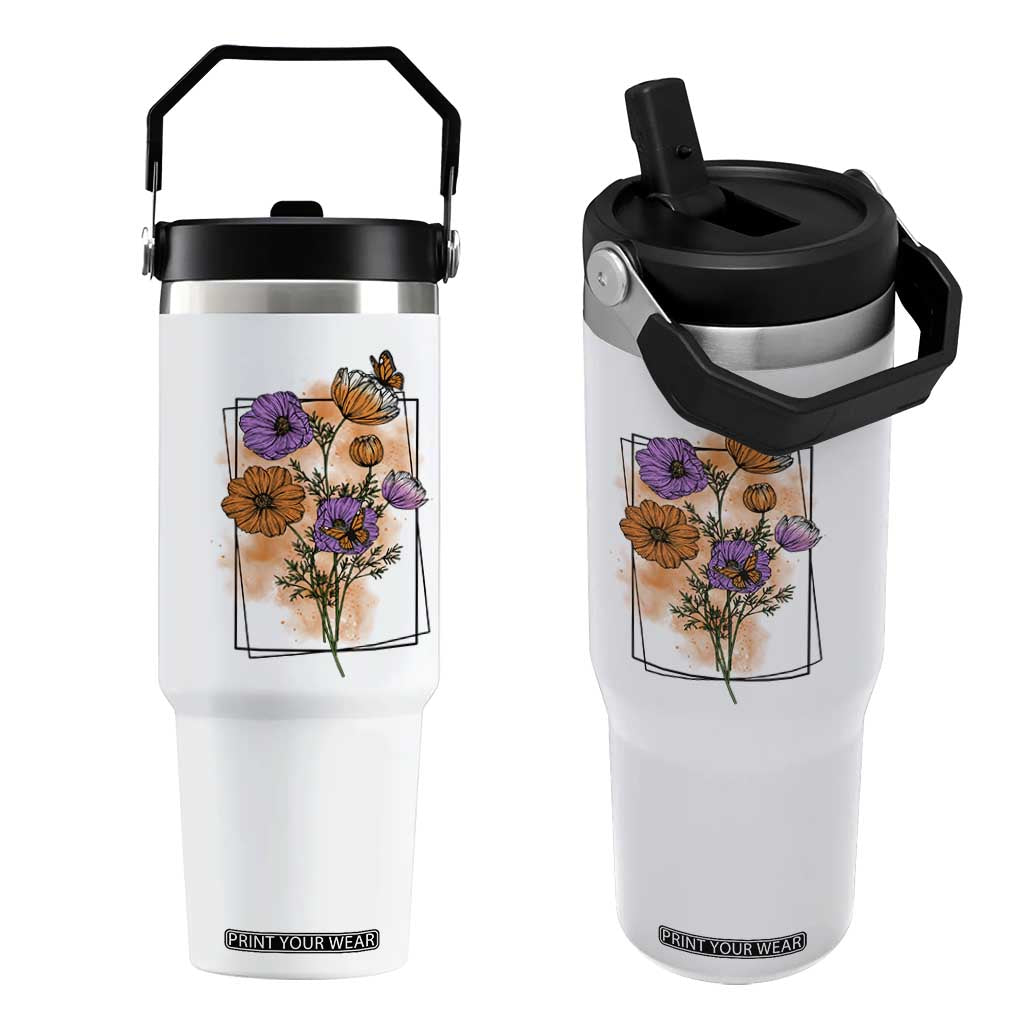Monarch Butterfly Botanical Wildflowers Flip Straw Tumbler Vintage Watercolor Floral Nature Frame Gift TS12 One Size: 30 oz White Print Your Wear