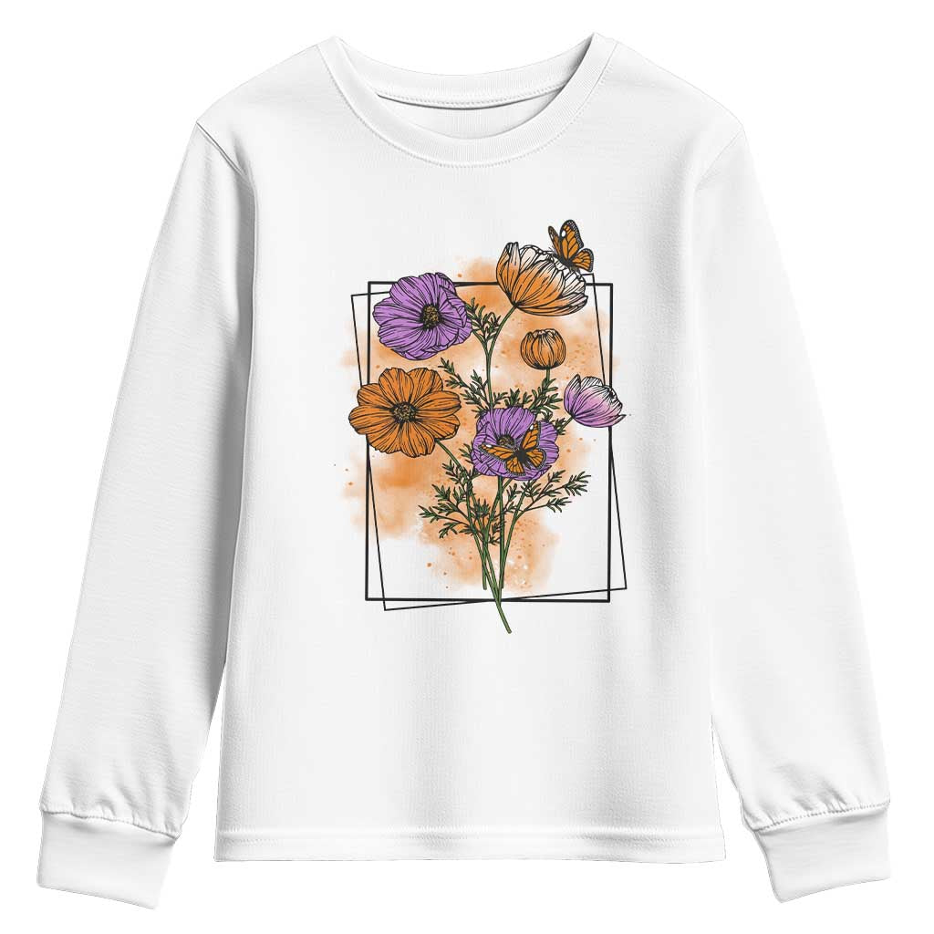 Monarch Butterfly Botanical Wildflowers Youth Sweatshirt Vintage Watercolor Floral Nature Frame Gift TS12 White Print Your Wear