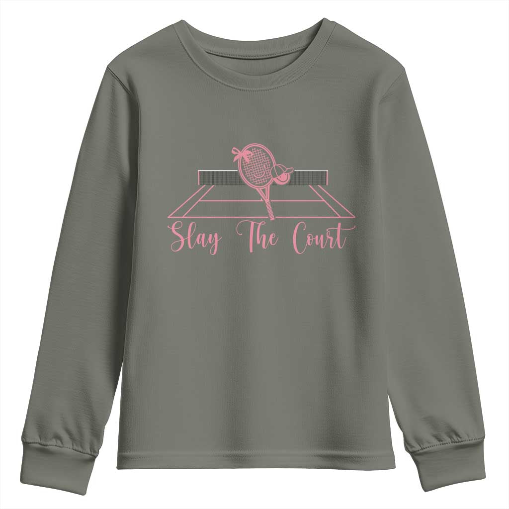 Slay The Court Tennis Girl Youth Sweatshirt Gift For Sport Lover TS12 Military Green Print Your Wear