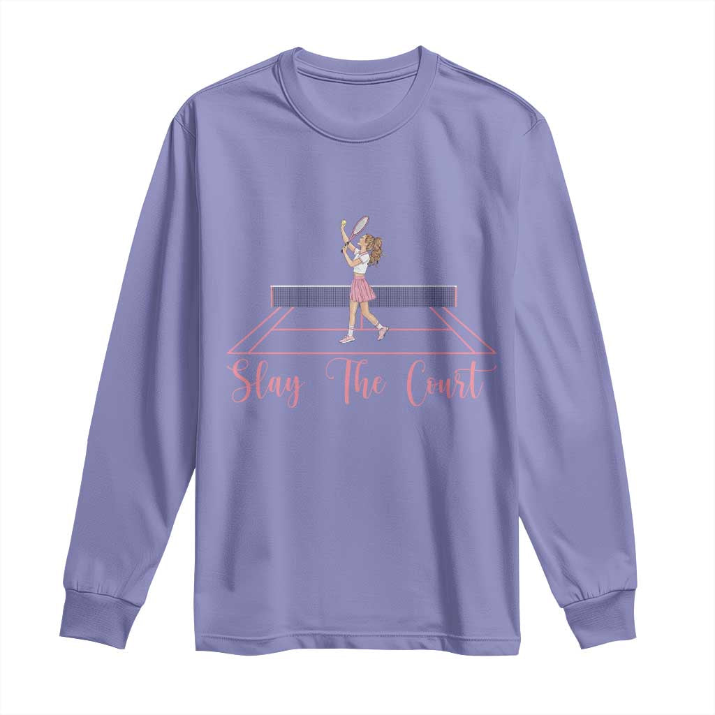 Slay The Court Queen Long Sleeve Shirt Funny Tennis Player Gift For Women TS12 Violet Print Your Wear