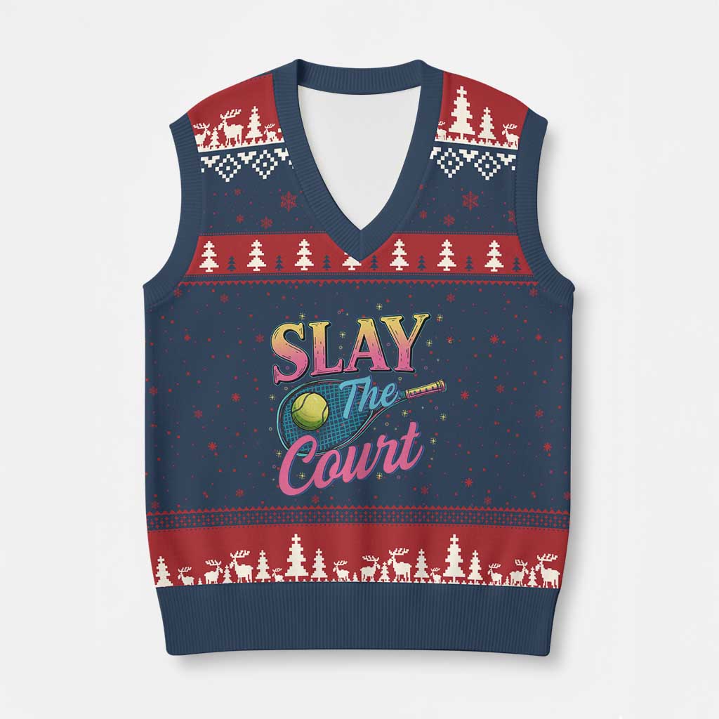 Slay The Court Queen V-Neck Knit Sweater Vest Witty Tennis Player Gift For Girls TS12 Navy Red Print Your Wear