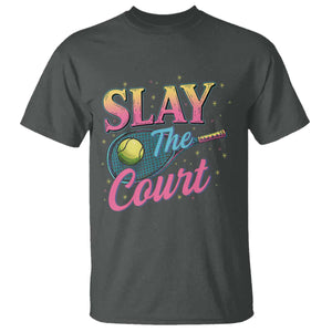 Slay The Court Queen T Shirt Witty Tennis Player Gift For Girls TS12 Dark Heather Print Your Wear