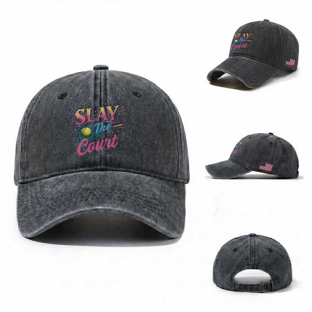 Slay The Court Queen Washed Cotton Baseball Cap Witty Tennis Player Gift For Girls TS12 Washed Cap Universal Fit Dark Gray Print Your Wear